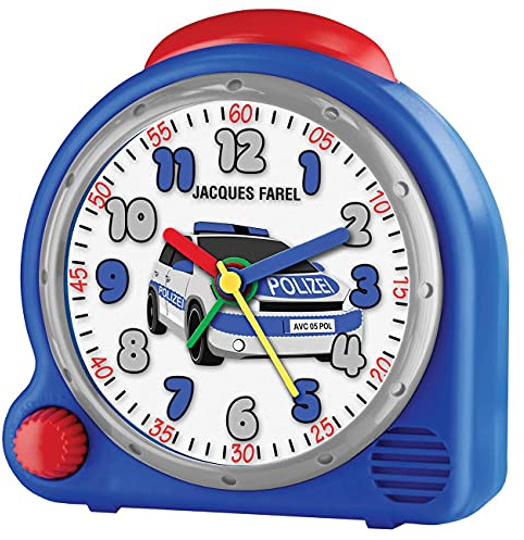 Jacques FAREL HappySound Soundwecker Kinderwecker Blau mit Polizei Sound Sirene, Lautstärkeregelung Analog Quarz Licht AVC 05POL