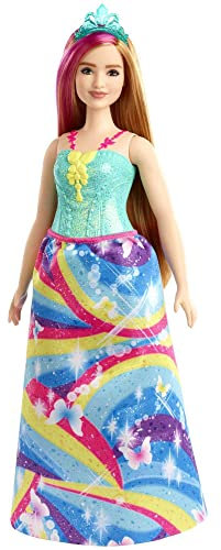 Barbie GJK16 - Dreamtopia Prinzessinnen-Puppe, ca. 30 cm groß, rotblond mit pink gesträhnter Haarpartie, mit Regenbogen-Rock und Diadem, Spielzeug Geschenk für Kinder im Alter von 3 bis 7 Jahren