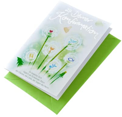Perleberg Karte zur Konfirmation - Basic Classic Collection - Glückwunschkarte Konfirmation mit Icons & Textmotiv - Konfirmationskarte mit farblich passendem Umschlag in 11,6 x 16,6 cm