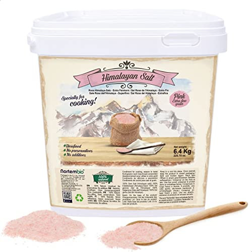 Nortembio Rosa Himalaya-Salz 6,4 Kg. Extra Feinkorn (0,5-1 mm). 100% Natürliches Salz. Reich an Mineralien. Gesundes Kochen. Unraffiniert. Ohne Konservierungsstoffe. Aus Punjab Pakistan.