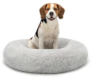 lionto Donutsäng för hundar och katter, fluffig rund bädd för små & stora husdjur, Ø 80 cm, mjuk kattsäng i gosig plysch, hundkudde med extra tjock stoppning, ljusgrå