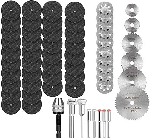 Drilax 60-Pc Ultimate Rotary Tool Cutting Set - Diamond, HSS & Fiberglass Cut Off Wheels with 1/8 Shank & Keyless Chuck - Compatible with Dremel for Metal, Wood, Plastic, Stone, Glass