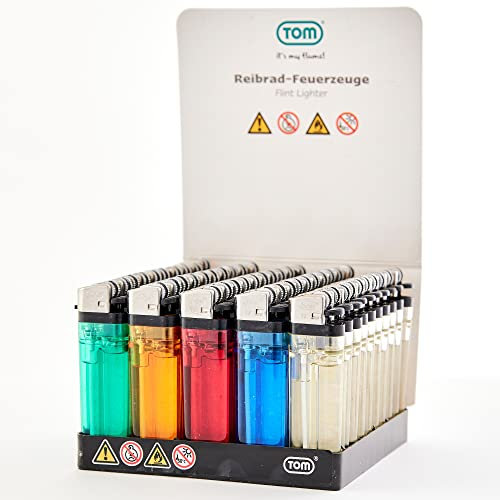 TOM 50/100 Stück Einwegfeuerzeuge mit Gas befüllt – Reibradfeuerzeuge Set in 5 Farben in praktischem Display – Gasfeuerzeug – Einwegfeuerzeug – Feuerzeug (50 Stück)