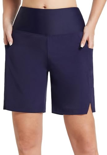 baleaf Swim Shorts Women Long Board Shorts with Pockets Quick Dry Bikini Bottoms Boyleg Swimmear 7' Navy XL