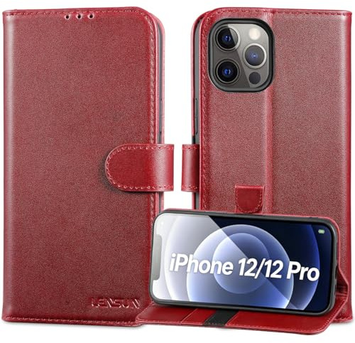 LENSUN Echtleder Hülle für iPhone 12/12 Pro, Flip Case, Weinrot | Echtes Leder Schutzhülle, RFID Blocker Handyhülle, Wallet-Kartenfach, Handytasche Lederhülle