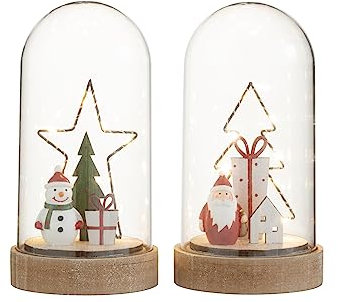 J-Line Glasglocke Baum/Stern - Holz/Glas - Mix - LED-Lichter - 2 Stücke
