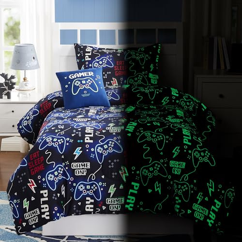 Kaleido Space Kids Comforter Set Twin Size for Boys, Glow in The Dark Gamer Bedding Set 1 Comforter, 1 Decor Pillow, 1 Pillow Sham, Twin XL Comforter Set