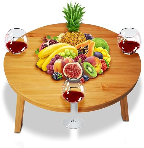 BAKAJI Tavolino da Aperitivo in Legno Bambù, Tavolo da Campeggio Portatile con Gambe Pieghevoli, Vassoio Salvaspazio con 4 Spazi Portabicchieri, Ideale per Camping, Esterno, Picnic, Giardino, Spiaggia