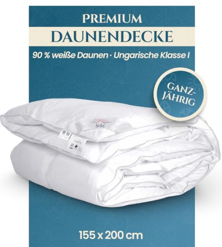 Aura® Luxus Ganzjahres Daunendecke 155 x 200 cm | Premium 90% weißen Daunen, ungarische Klasse I | Oeko-TEX Standard 100 allergikergeeignet | Bettdecke für Herbst und Frühling
