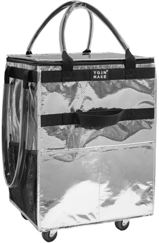 TOJNMAKE Reusable Grocery Bag On Wheels, Shopping Cart, Rolling Tote with 8 Pockets and Zipper Cover, Foldable, Heavy Duty Handles, Carries Up to 46 LBS (Medium, Silver)