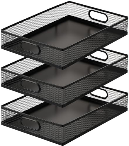 Tandefio 3 Pcs Desk Drawer Organizer Bulk Metal Mesh Trays A4 Large Desktop Storage Box Portable Wire File Basket with Handle for Office Supplies Craft Magazine Paper 12.87 x 9 x 2.4(Black)