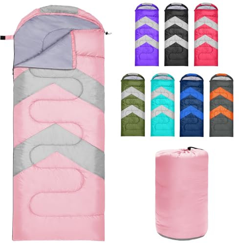 Zusentee Schlafsack 3-4 Jahreszeite für Outdoor Camping Warme Einzelne Erwachsene Wasserdicht Leichter Ultraleicht Schlafsack für Erwachsene Kinder Camping Wandern, Reise, Rosa Grau