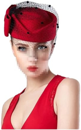 Damenhut mit Schleife, Schleier, Wolle, Pillbox, Baskenmütze, formelle Kleidung, Cocktail, Rennen, Hochzeit, Fedora-Hut, rot, Einheitsgröße