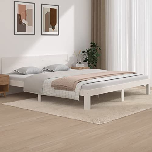 BAZZI Estructura de cama de matrimonio o estructura de cama individual, con somier blanco de madera maciza, 180 x 200 cm, Super King