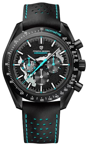Pagani Design 1779 Luxus Herren Quarzuhr Mond Chronograph Skelett AR Synthetischer Saphir VK63 Uhrwerk Lederband Wasserdicht Sportuhr Full Schwarz