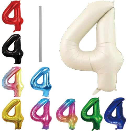 Geburtstag zahlen Luftballon 4 jahre-Cremeweiß XXL Jumbo Folienballon 40 Zoll – 101 cm Luftballons 4 Geburtstag Junge Mädchen Babyparty Geburtstagsdeko Jubiläumsparty Dekoration