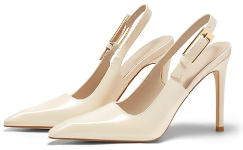 Coutgo Women's Slingback High Heels Pointed Toe Stilettos Metal Buckle Dress Party Pump Shoes, Creamy White, Size 9.5