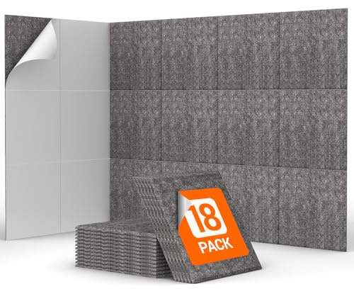 18 Pack Sound Proofing Panels Self-adhesive, TONOR 11.6x11.6x0.4 Square Acoustic Wall Panels, High Density Sound Insulation Panels Soundproofing Panels for Recording Studio, Home, Offices, Grey