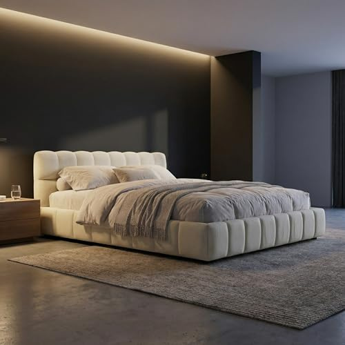 Lit Bubble 140x200 cm, avec sommier à Lattes et Dossier, lit Double rembourré, avec Bordure rembourrée, Cadre de lit pour Adolescent, Lin, Beige, sans Matelas
