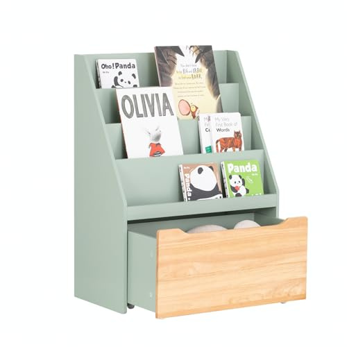 SoBuy Kinder Bücherregal Kinderregal mit 4 Ablagefächern und Einer herausnehmbaren Aufbewahrungsregal für Kinder Spielzeugtruhe Grün-Natur BHT ca. 62x80x30cm KMB95-GR