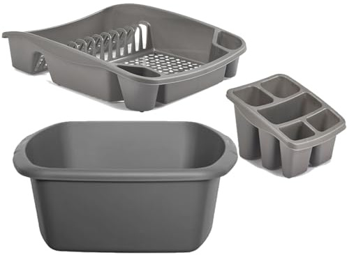 ZARVICZONIA Plastic Dish Drainer Set, Includes Cutlery Holder and Draining Tray, Grey, Gold, Black and Cream Pack 3 set (Silver Grey)