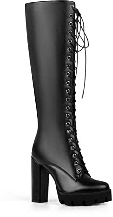 ANN CREEK Women's Knee High Black Platform Lace Up Lady Chunky Heel Round Toe Mid Calf Tall Heeled Fashion Winter Boots Size 12
