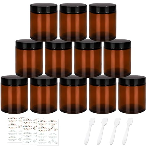 CulnCraz 12 Pack 240ml Amber Round Glass Jars with Black Lids | 8oz Empty Cosmetic Containers with Stickers for Beauty Products, Cosmetic, Lotion, Powders and Making Candles