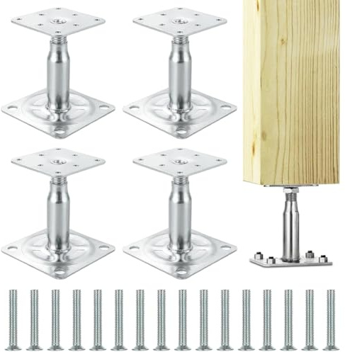 Uppsättning om 4 stolparhållare, höjdjusterbar, för skruvning, galvaniserad, tjockt lager, passiviserad, förzinkad 100–150 mm stolphållare med 16 skruvar