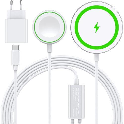 Stazione di ricarica, Mag-Safe Caricatore wireless magnetico per iPhone 16 15 Pro Max Plus/14 13 12/Air-Pods Pro, Ricarica magnetica senza fili per Apple Watch Ultra 10 9 8 7 6 5 4 3 SE-Con 20W Presa