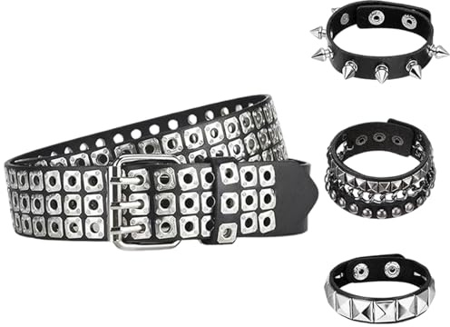 NUREINSS Damen Gürtel Set mit Armband | Punk Rock Streetwear Accessoire | Verstellbarer Nietengürtel für Konzerte, Partys & Tageslook | Edgy Style für individuelle Outfits (3.8cm Breite)