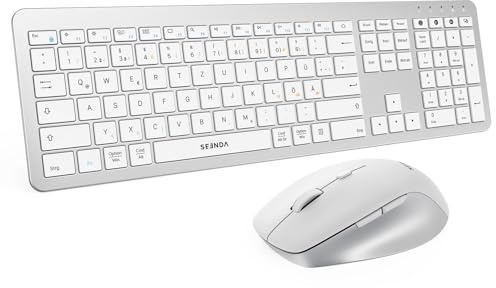 Seenda COE300 Tastatur Maus Set Kabellos, 3 Geräte, QWERTZ, Weiß und Silber | Dual-Bluetooth + 2,4 GHz USB, Ultra-Dünne Funktastatur für Windows, Mac OS, Laptops, iPads und Tablets