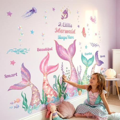 DECOWALL Mermaid Wall Stickers Under The Sea Wall Decals Bubble Seaweed Peel and Stick for Girls Bedroom Baby Nursery Bathroom Decor (SG2-2505)