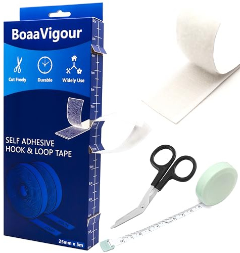 BoaaVigour 2.5*500cm Hook and Loop Tape Stick On Tape Multipurpose Strong Self Adhesive Strips Free scissors and tape measure ready to use Suitable for Room Decor, Home,Office and Garage Use (White)