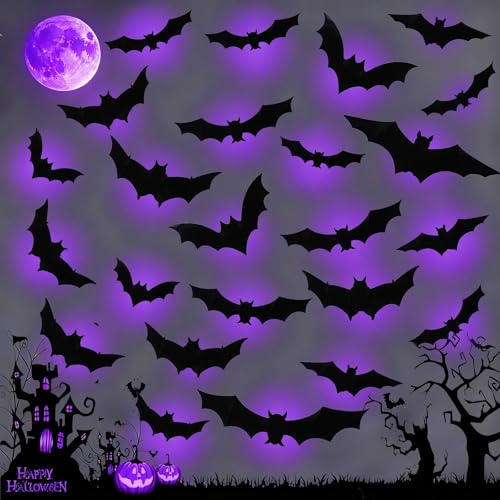 24 Unidades Murcielagos Halloween Decoracion, Luminosos 3D Pegatinas Halloween PVC Murcielagos Pegatinas Pared Decorativas con Luces LED para Interiores Puertas y Paredes Artículos Fiestas (Purpura)