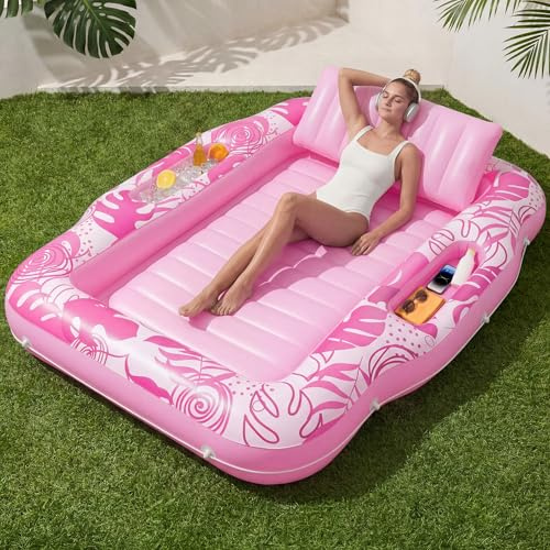 SLOOSH Inflatable Tanning Pool Lounger Float, 70 x 53 Pool Floats Adult with Cooler, 6 in 1 Suntan Tub Raft Floatie,Sunbathing Bed Lounge for Water Blow Up Ball Pit Party Gifts, Pink