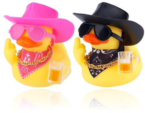 Fukaisu 2pcs Funny Rubber Ducks for Dashboard, Cute Car Rubber Duck Ornament with Mini Glasses Hat Scarf Accessories for Home Office Refrigerator Decoration (Pink, Black)