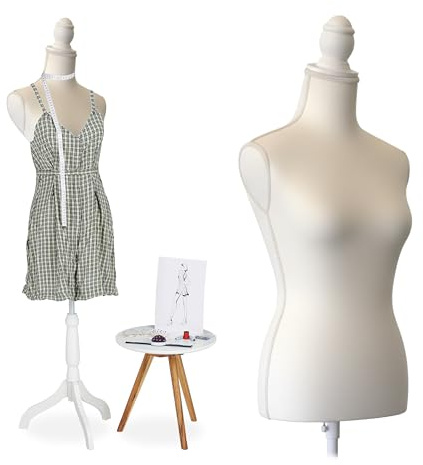Manichino da sarta Relaxdays, Femminile, Taglia 36/38, Regolabile in Altezza 160–175 cm, con Supporto in Legno, Bianco