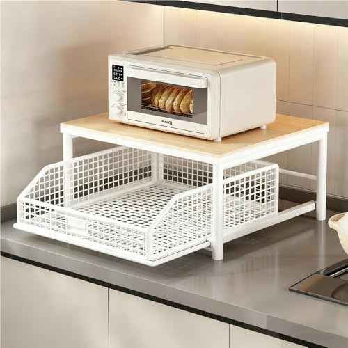 Carro de Cocina de Dos Niveles Organizador para máquina de café con cajones deslizantes Estante de Almacenamiento para encimera Soporte para microondas de Oficina en casa(White,A)