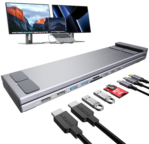 USB C Laptop Docking Station Stand, Dual Monitor 4K@60Hz, 9 in 1 USB C Hub with 2 HDMI, 2 USB 3.0, PD 100W, Universal Dock Station for Mac Pro/Air/Dell/HP/Surface/Lenovo