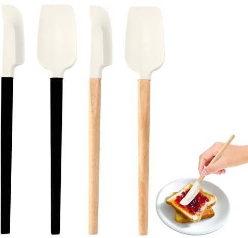 4 Stück Silikonschaber Klein Teigschaber Schmal Mit Holzgriff Küchenschaber Flexibel Für Backen Mischen Kochen Rührwerkzeuge（schwarz + Naturholzfarbe）