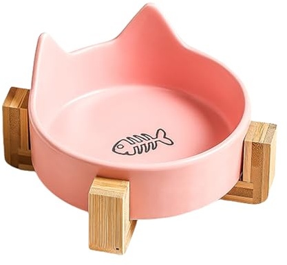 Ciotole in ceramica per animali domestici, simpatiche orecchie di gatto, per cibo e acqua, ciotola per cani e gatti con supporto in legno, ciotola per cibo e acqua per animali domestici