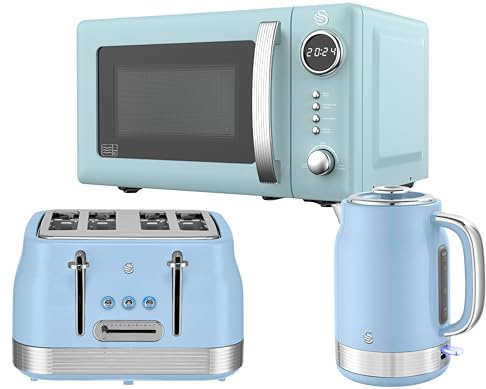 Swan Retro Revive Blue Kitchen Appliance Bundle – 1.7L Rapid Boil Kettle, 4 Slice Toaster & 800W 20L Digital Microwave, Retro Gloss Finish with Chrome Accents