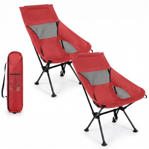 HomlyPro High Back Camping Chair with Wide Feet & Carry Bag, Pack of 2 - Ultra Lightweight & Compact Foldable Chair for Adults, Ideal for Beach, Garden, Picnic, Fishing & Travel (Red)