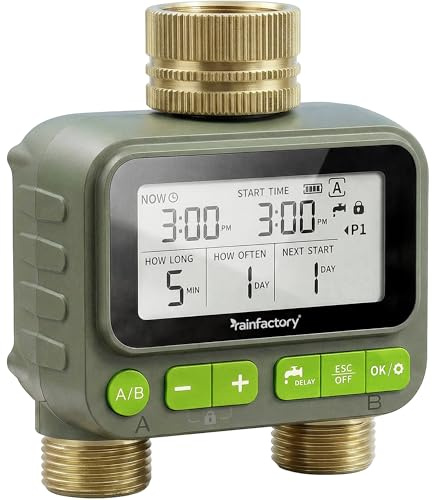 rainfactory Bewässerungscomputer 2 Ausgänge - automatische Bewässerungssteuerung für Garten - Bewässerungsuhr mit 4 Programmen, Delay - Wasser Zeitschaltuhr IP65, 3/4 Zoll für Rasen Beet & Topf Balkon
