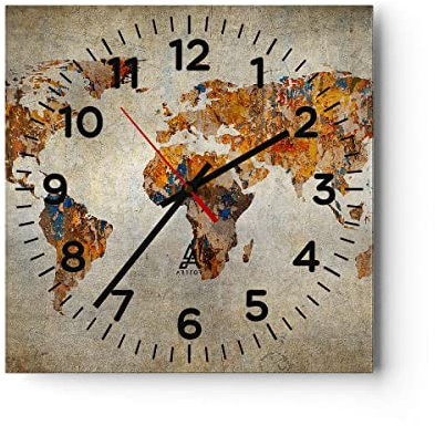 Horloge Murale Design Moderne Monde Carte Continents Géographie 40x40cm Grand Pendule murale en verre Cuisine Salon Chambre Silencieuse Originale Wall Clock Décoration Murale Art Wall C4AC40x40-2783