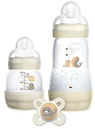 MAM Biberon Set Neonato con 2 biberon anticolica Easy Start 130 ml e 260 ml e Ciuccio Original Start, Riduce bolle d'aria e il rischio di coliche, Accessori neonati con tettarella in silicone, Neutro