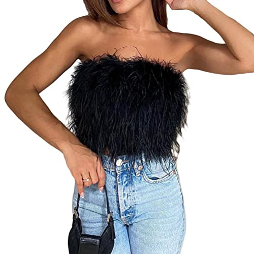 shownicer Femme Sexy Crop Top à Plumes Été sans Bretelles Cami Débardeurs Crop Camisole Bustier Bandeau Top Fausse Fourrure Haut Streetwear Clubwear A Noir M