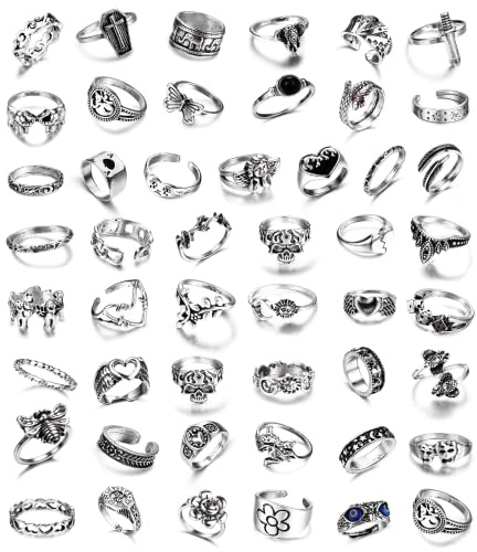 MILACOLATO 49PCS Vintage Silver Punk Rings Knuckle Rings Set for Men Women Snake Cross Flower Chunky Ring Open Adjustable Goth Punk Hip Hop Cool Midi Stackable Ring Pack