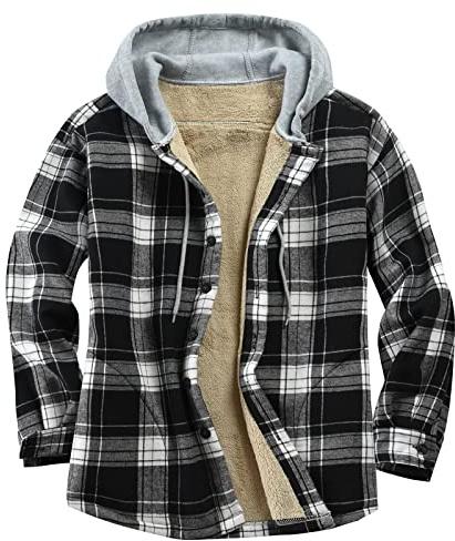 Derbars Men's Hooded Coat Casual Thicken Long Sleeve Plaid Work Flannel Button Down Shirt Jacket Black Large