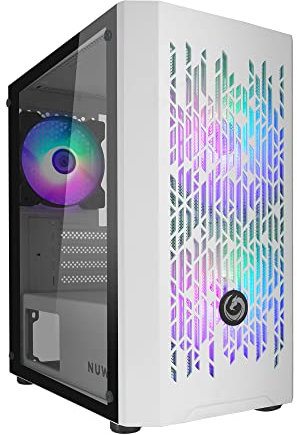 Nuwo Blitz R25 Blanc Boîtier Micro-ATX pour PC Desktop Office Gaming Mini Tour 0,50 mm SPCC avec 3 Ventilateurs Éclairage Arc-en-Ciel Fixe Panneau latéral en Verre trempé (AxPxL : 388x350x203 mm)